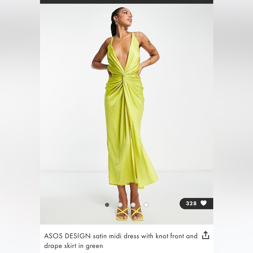 ASOS Satin Midi Dress in YELLOWish Green